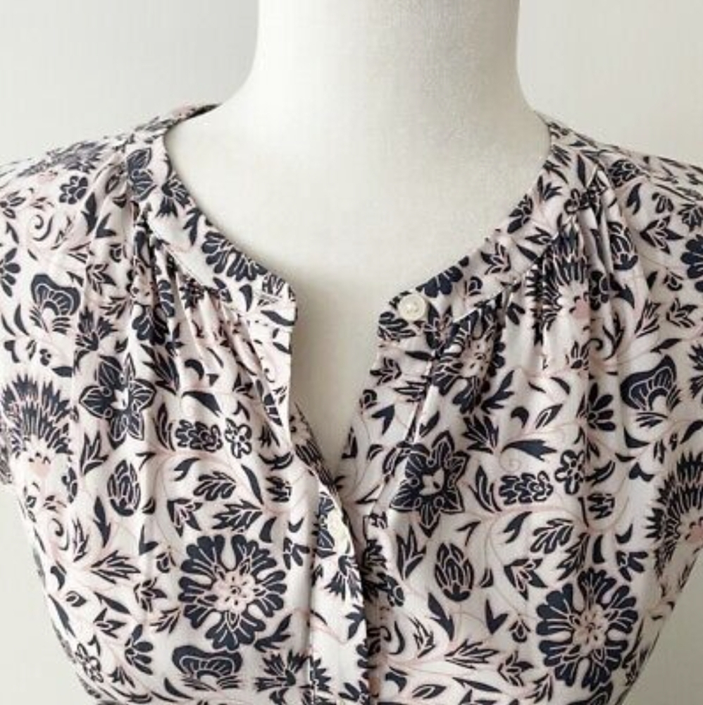LOFT | Floral Shirtdress, Button Down Tie Waist Cap Sleeve, Pink & Blue - Picture 3 of 14
